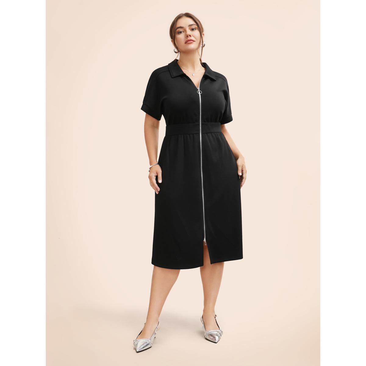 Plus Size Lapel Collar O Ring Zipper Midi Dress Black Women Work From Home Non Lapel Collar Short sleeve Curvy BloomChic 10/M Product Image