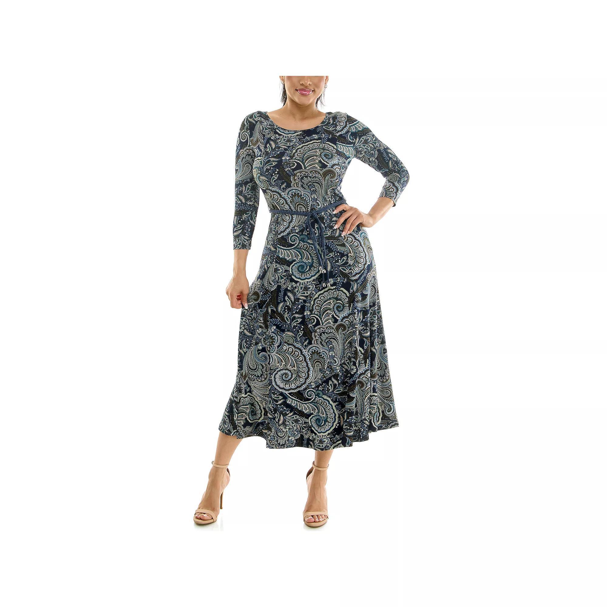 Women's Nina Leonard Sylvia Three-Quarter Sleeve Belted Midi Dress, Size: Large, Blue Team Combo Product Image
