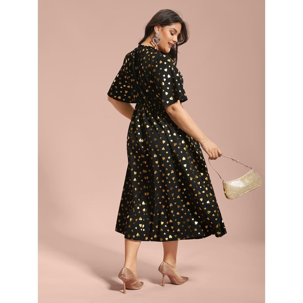 Plus Size Glitter Heart Print Stretchy Waist Dress BlackFlower Women Cocktail Texture Party Curvy Bloomchic 10/M Product Image