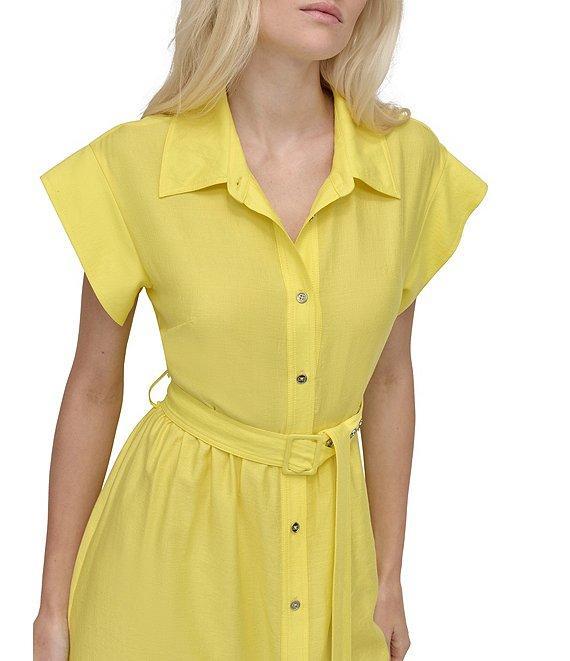 DKNY by Donna Karan Crinkle Point Collar Neck Short Sleeve Button Front Belted Shirt Midi Dress Product Image