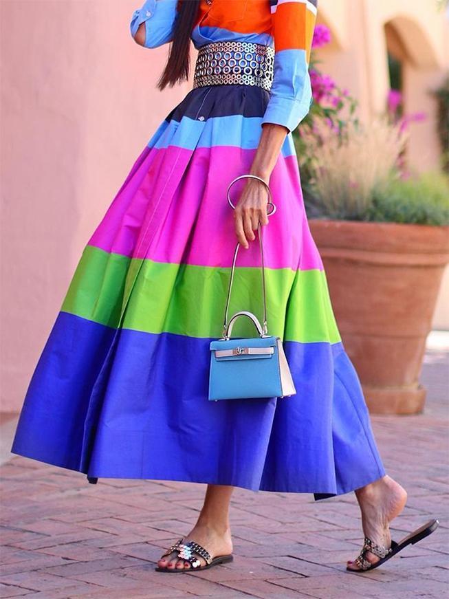 Loose Three-Quarter Sleeves Buttoned Contrast Color Striped Lapel Collar Midi Dresses Product Image