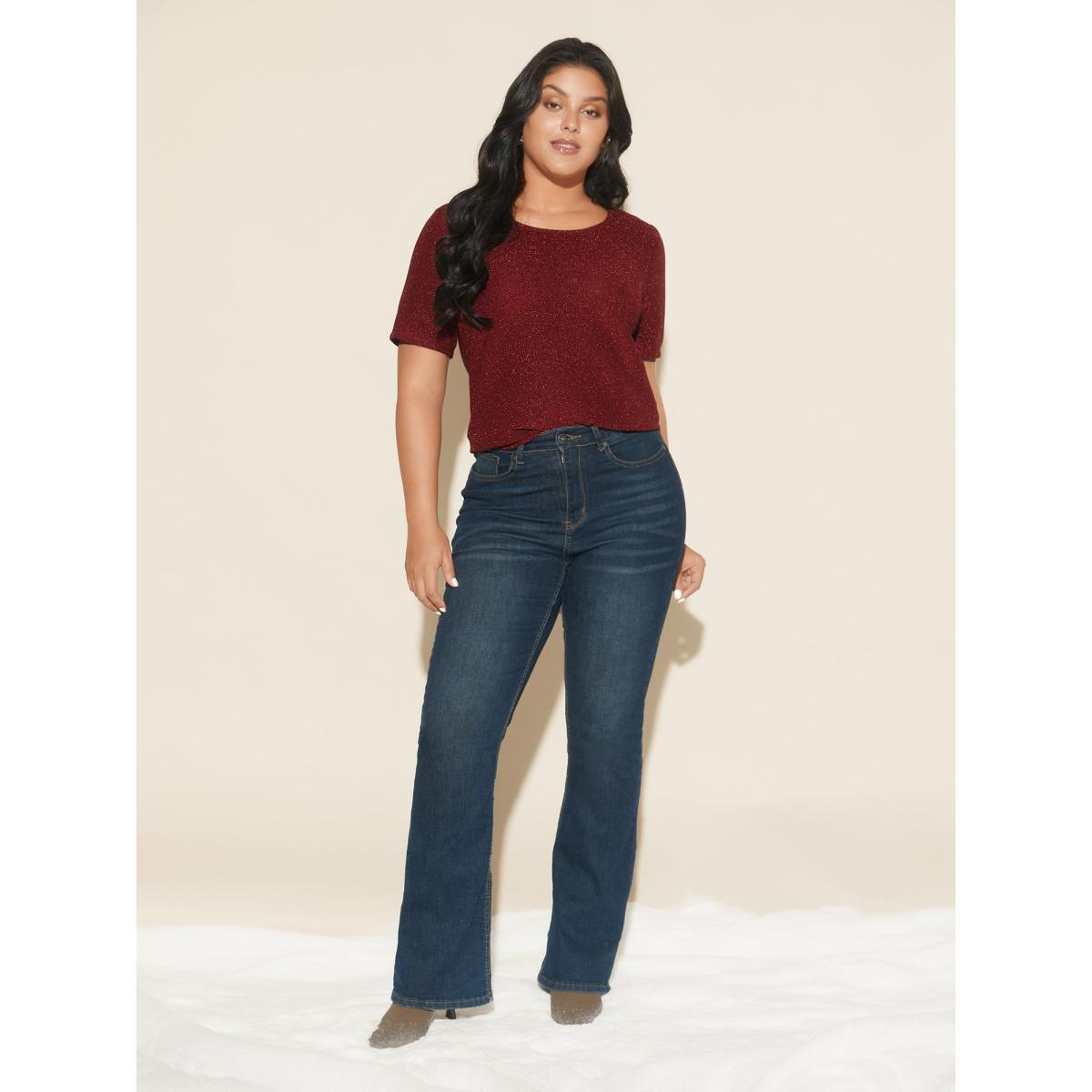 Plus Size Shimmering Gold & Silver Thread A-Line Tee Burgundy Women Casual Non Round Neck Loose Everyday T-shirts BloomChic 30/6X Product Image