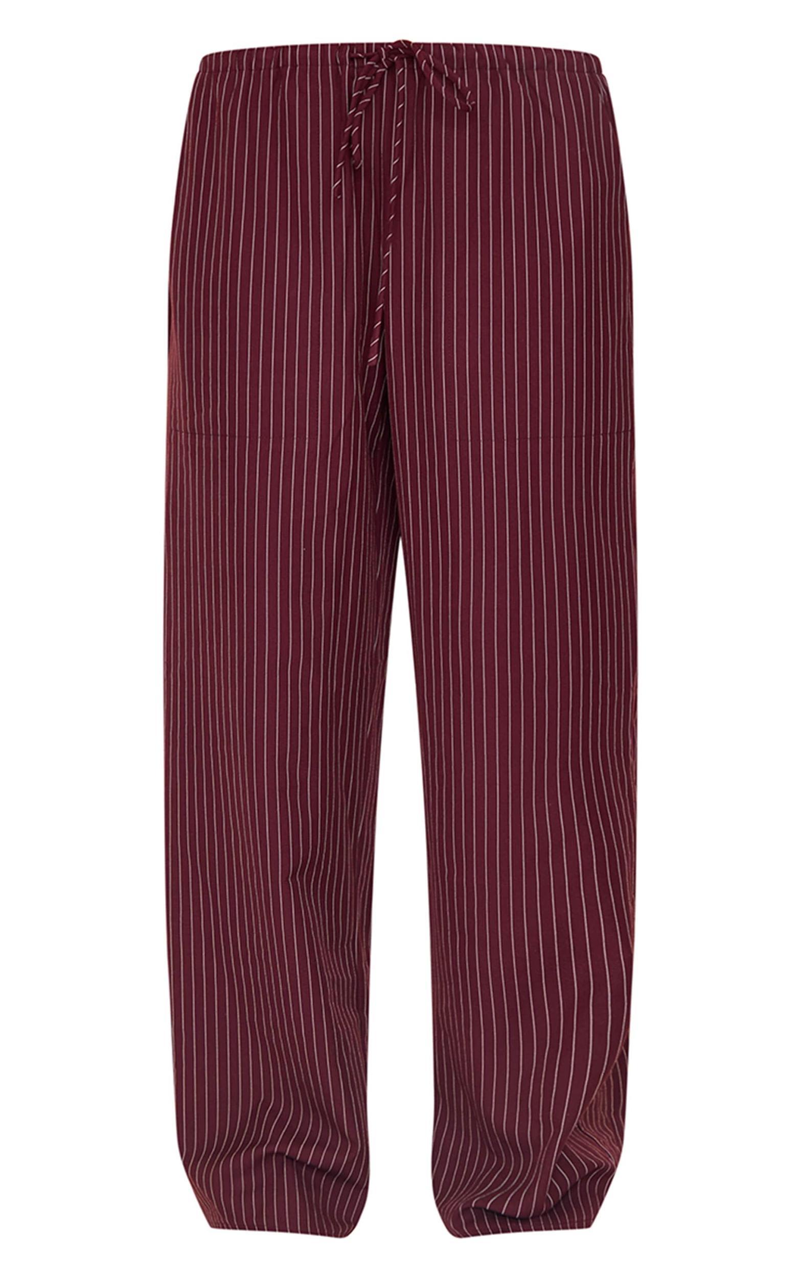 Burgundy Pinstripe Woven Drawstring Waist Low Rise Relaxed Pants Product Image