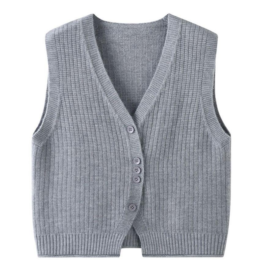 V-Neck Plain Ribbed Single-Breasted Sweater Vest Product Image
