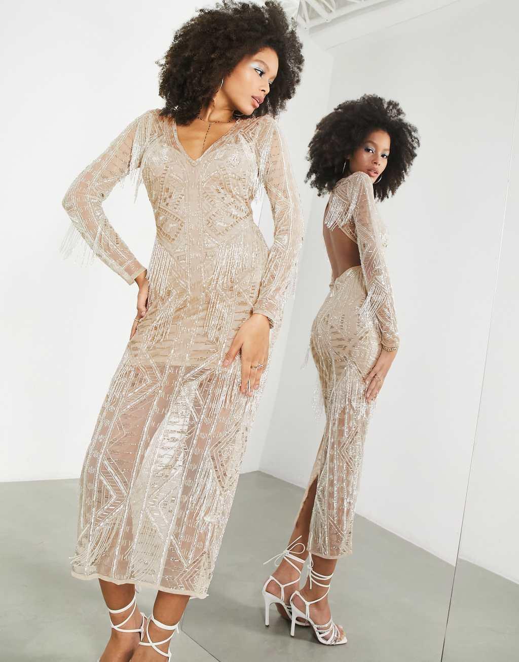 ASOS EDITION embellished open back maxi dress with beaded fringe Product Image