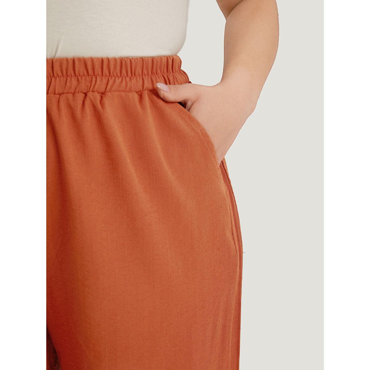 Plus Size Plain Plicated Detail Pocket Elastic Waist Wide leg Pants Women Chocolate Casual Straight Leg High Rise Dailywear Pants BloomChic 22-24/3X Product Image