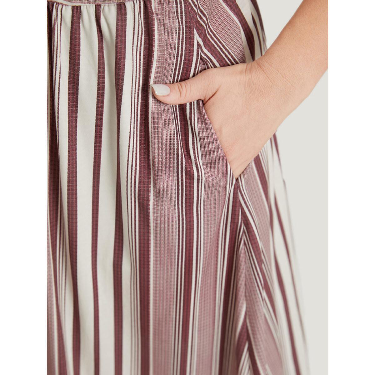 Plus Size Striped Pocket Elastic Waist Keyhole Dress Burgundy Women Casual Cut-Out Round Neck Short sleeve Curvy Midi Dress BloomChic 22-24/3X Product Image