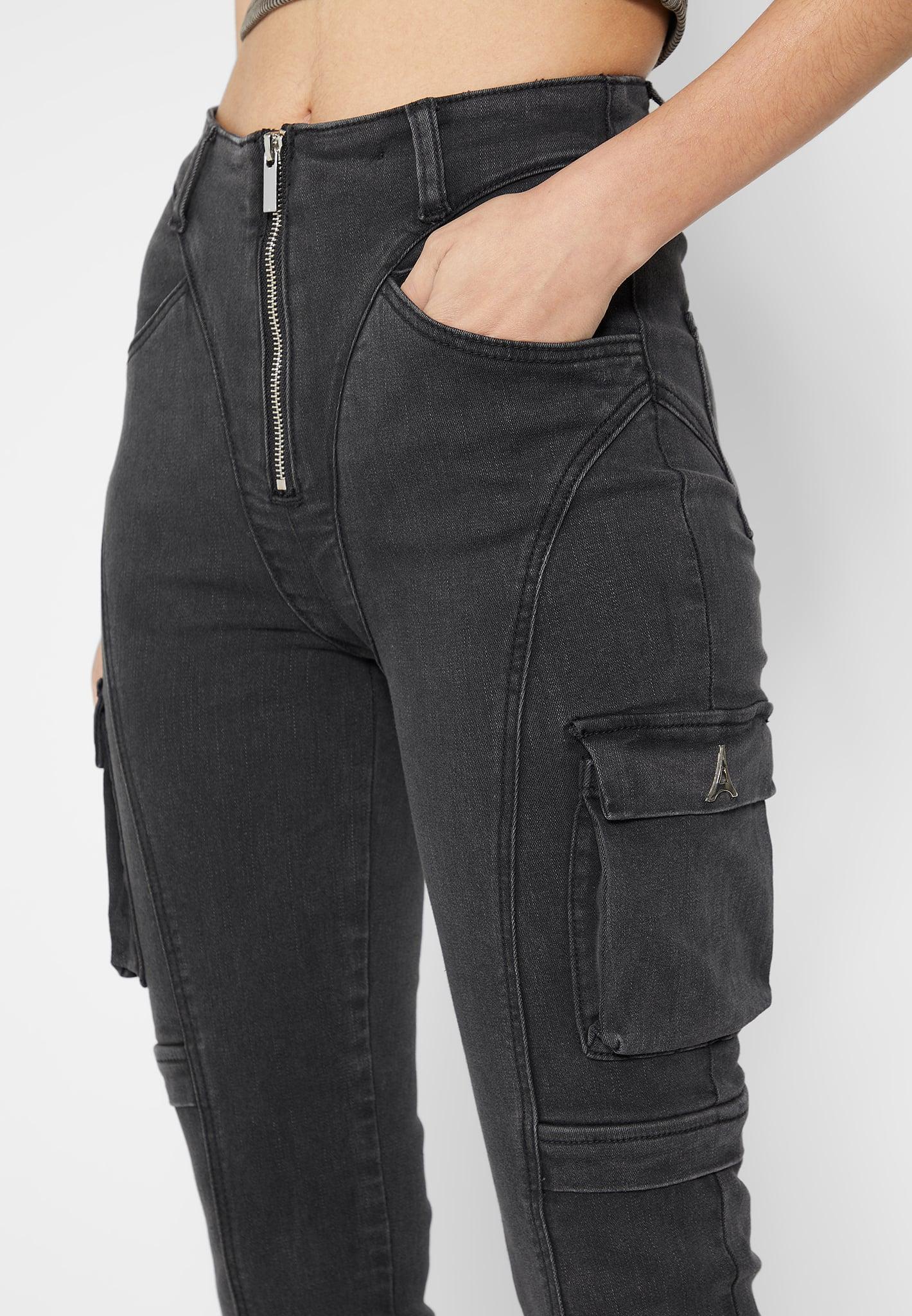 Cargo Pocket Skinny Jeans - Washed Black Female Product Image