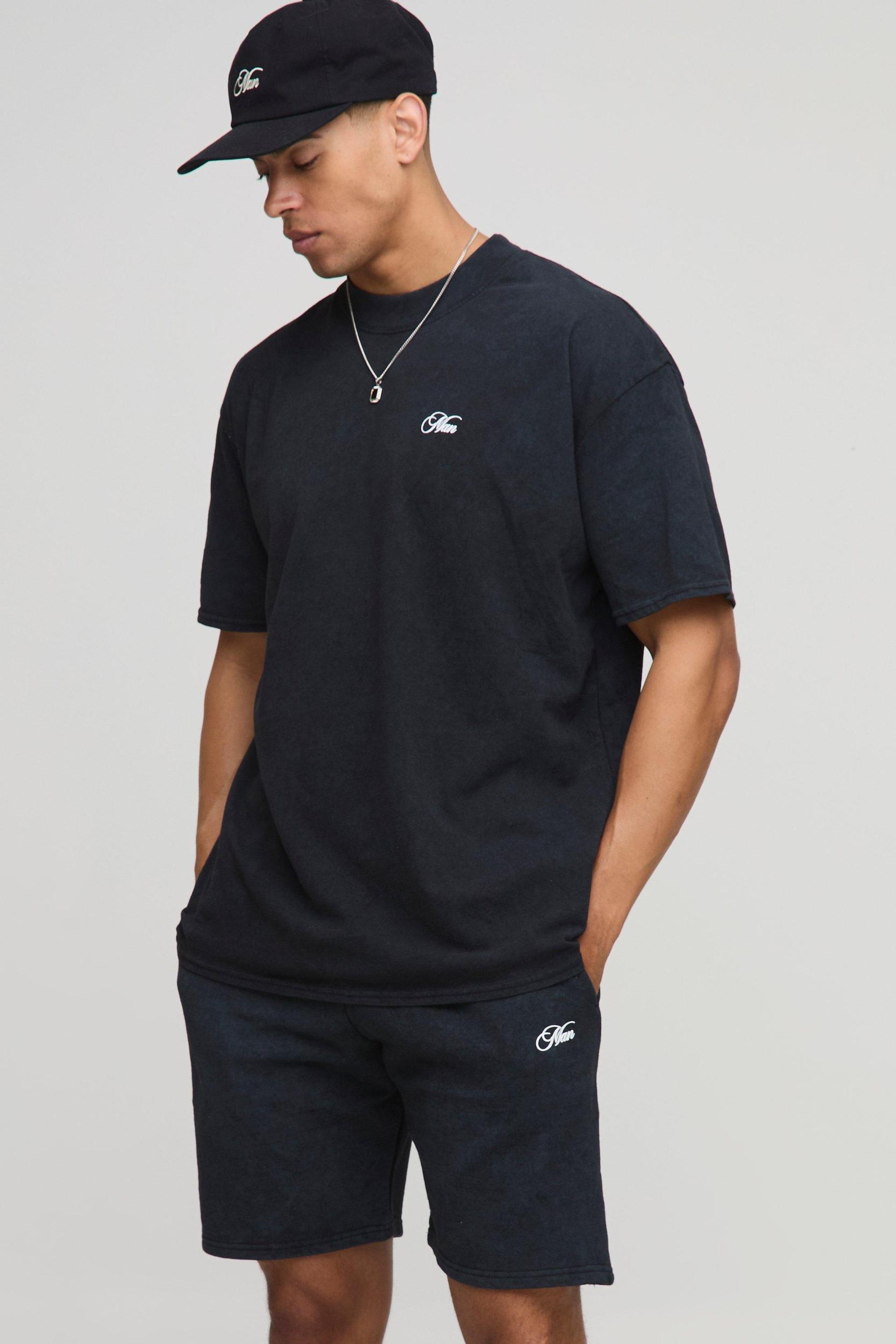Oversized Man Script Washed T-Shirt And Short Set | boohooMAN USA Product Image