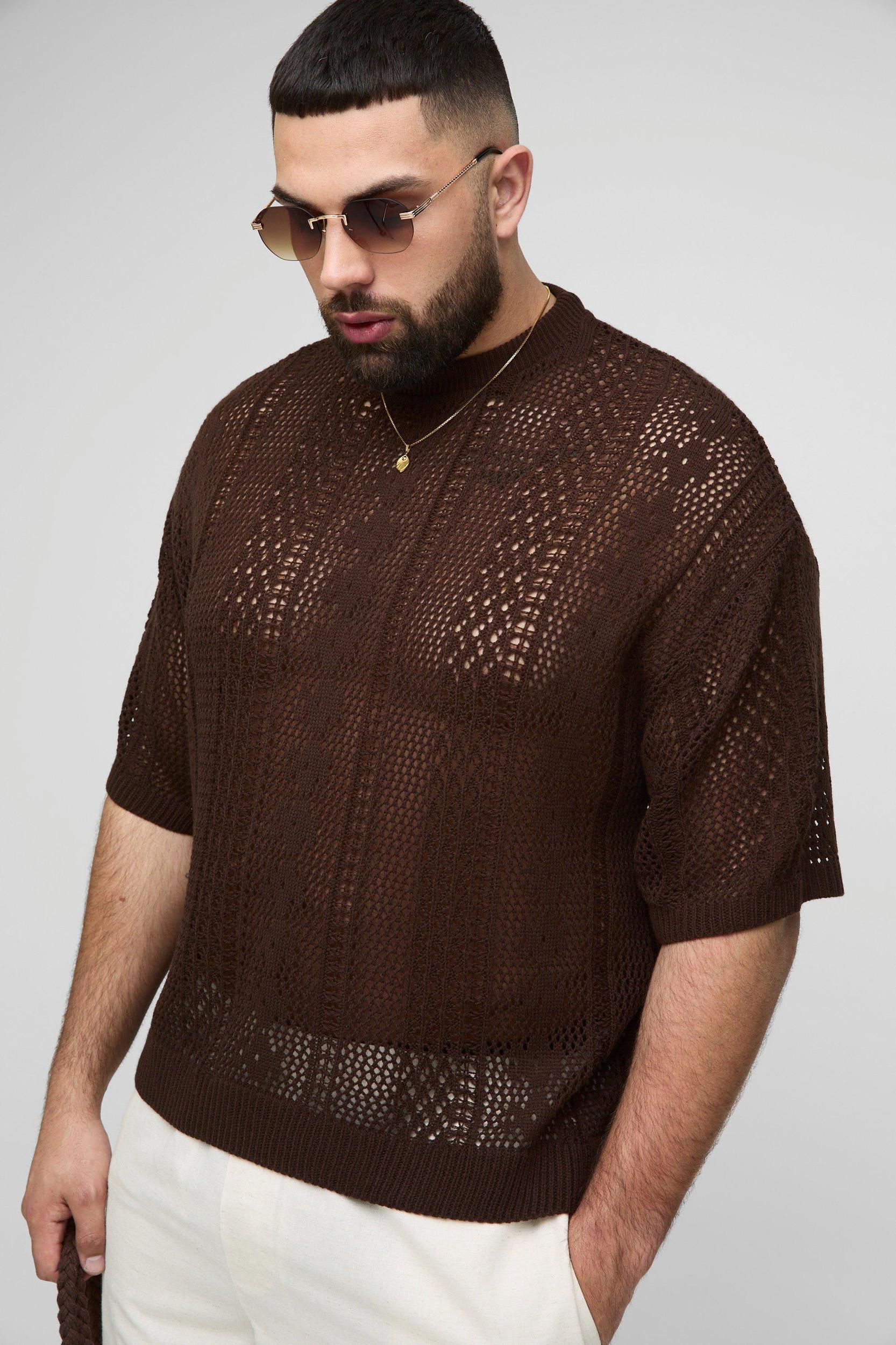 Plus Open Knit Oversized T-Shirt | boohooMAN USA Product Image