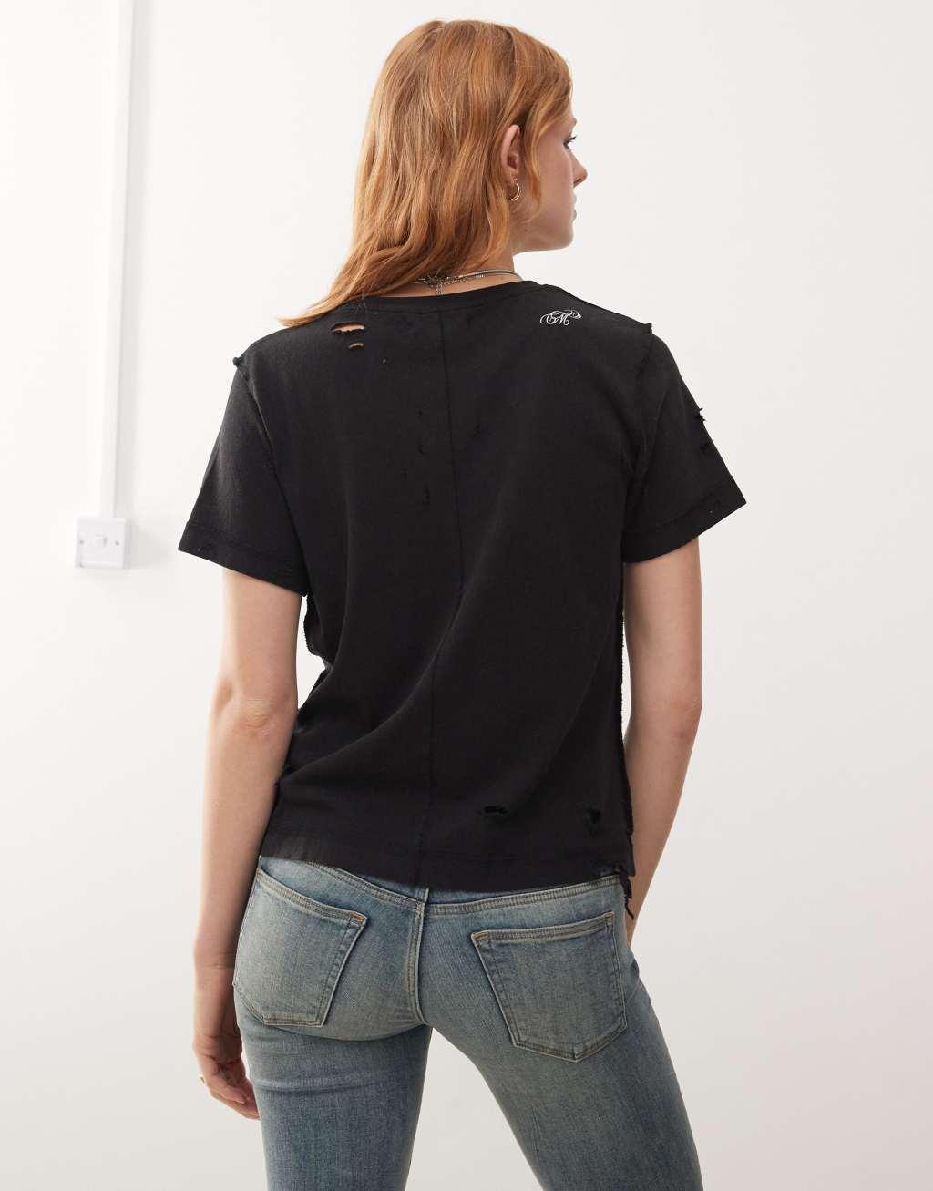 Cheap Monday distressed short sleeve t-shirt with crush graphic print in washed black  Product Image
