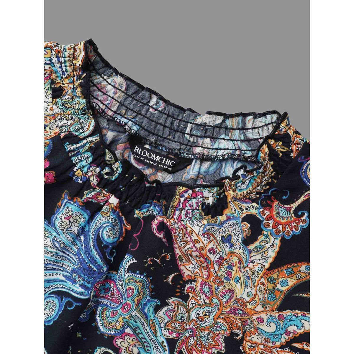 Plus Size Indigo Stand Collar Paisley Shirred Blouse Women Resort Long Sleeve Stand-up collar Vacation Blouses BloomChic 28/5X Product Image