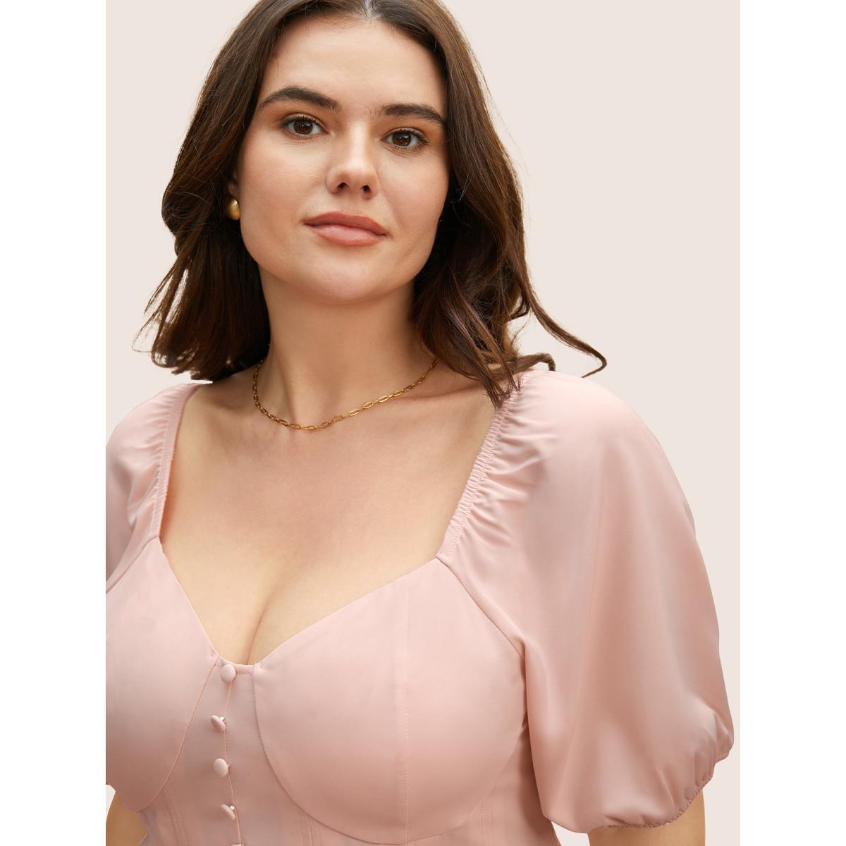 Plus Size MistyRose Solid Heart Neckline Pleated Button Detail Blouse Women Elegant Short sleeve Heart neckline Everyday Blouses BloomChic 22-24/3X Product Image