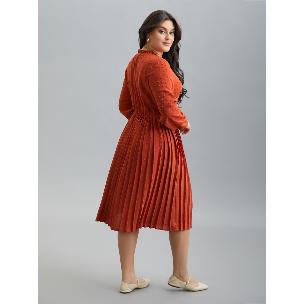 Plus Size Notched Collar Textured Pleated Midi Dress OrangeRed Women Casual Texture Flat collar with V-notch Long Sleeve Curvy BloomChic 30/6X Product Image