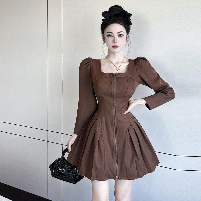 Long-Sleeve Square Neck Zip-Up Plain Mini A-Line Dress Product Image