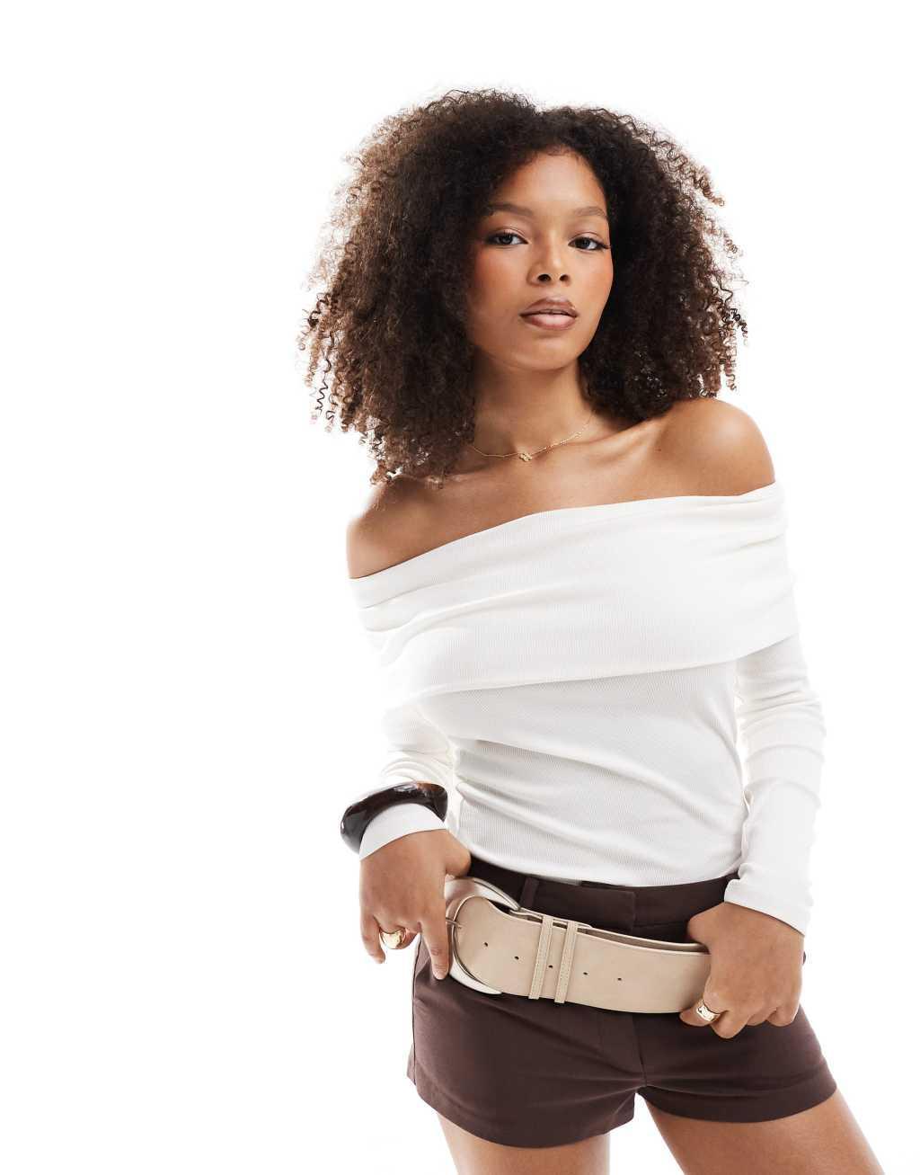 Miss Selfridge rib deep fold over bardot top in cream Product Image