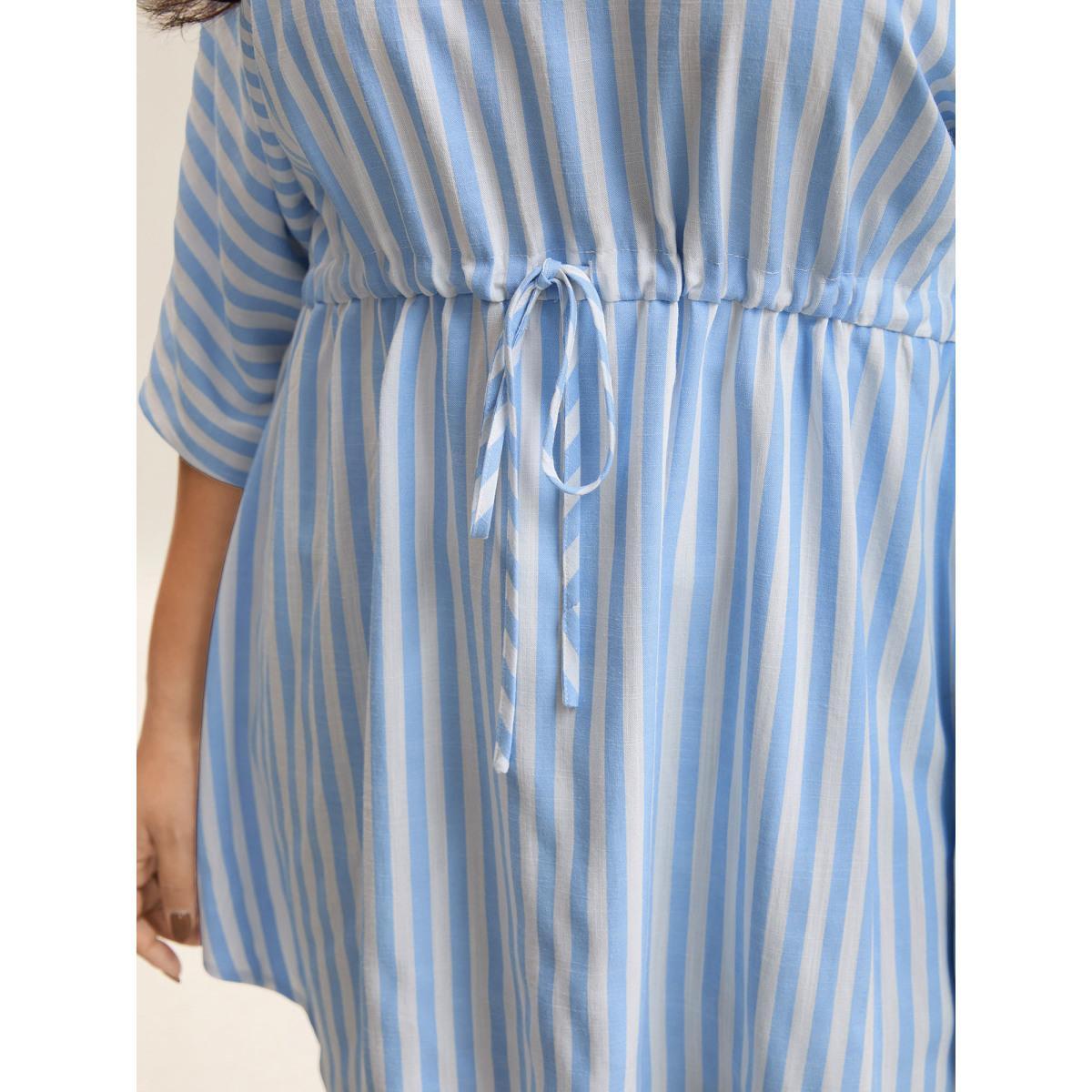 Plus Size LightBlue Cotton Linen Blend Striped Tied Blouse Women Elbow-length sleeve Round Neck Everyday-Elegant Blouses BloomChic 26/4X Product Image