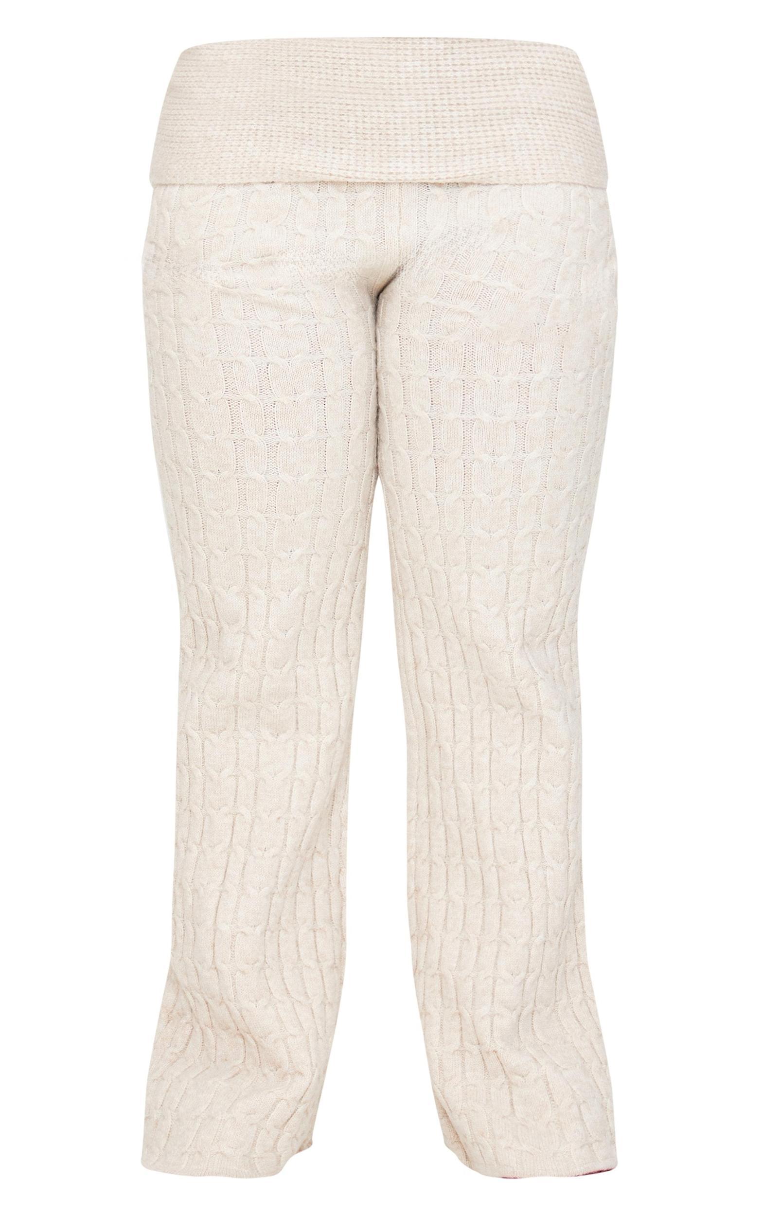 Plus Oatmeal Marl Textured Knit Foldover Wide Leg Pants Product Image