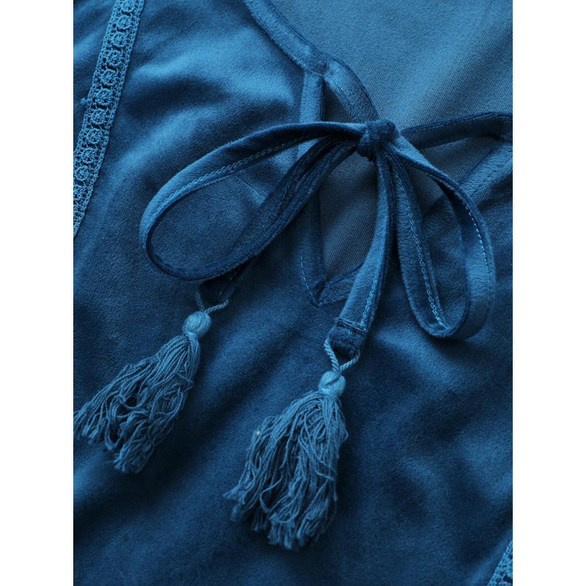 Plus Size Indigo Velvet Contrast Embroidered Tassels Ties Blouse Women Resort Elbow-length sleeve Tie Neck Vacation Blouses BloomChic 14-16/1X Product Image
