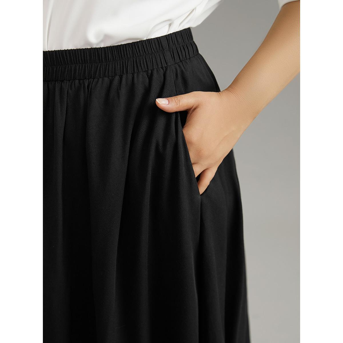 Plus Size Solid Rayon Elastic Waist Pocket Hanky Hem Skirt Women Black Office Plain No stretch Pocket Work Skirts BloomChic 10/M Product Image