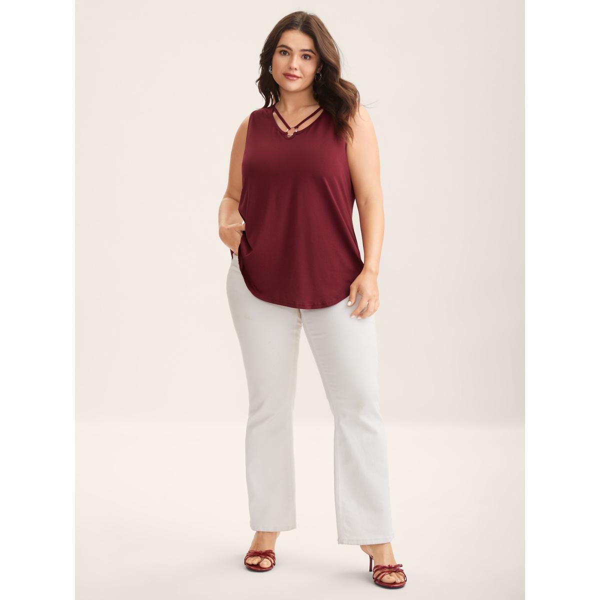 Plus Size Metal Detail Cut-Out Neck Tank Top Women Burgundy Non Notched collar Everyday-Elegant Tank Tops Camis BloomChic 18-20/2X Product Image