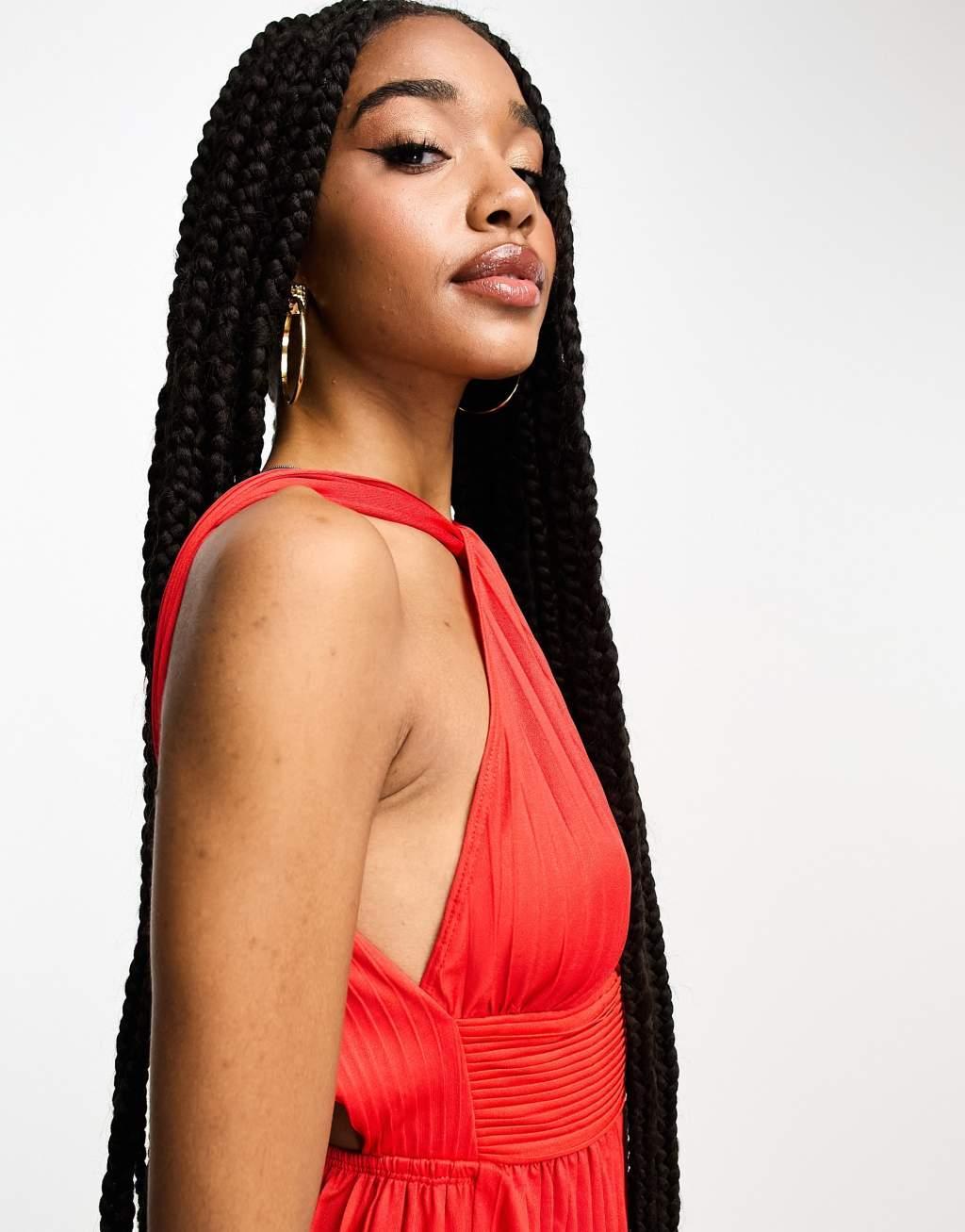 ASOS DESIGN Tall halter neck grecian pleated skirt maxi dress Product Image