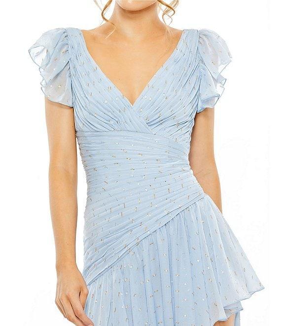 Mac Duggal Chiffon V-Neck Flutter Sleeve Ruffle Asymmetrical Hem Gown Product Image