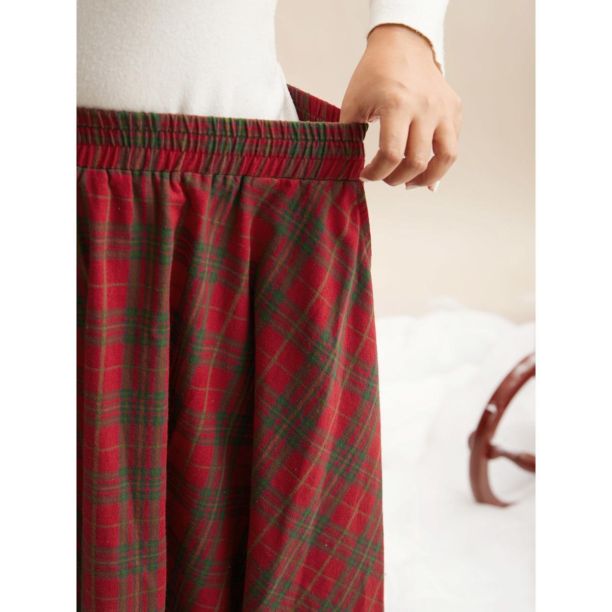 Plus Size Plaid Pattern Asymmetrical Hemline Midi Skirt Women Crimson Elegant Asymmetrical Loose No stretch Slanted pocket Everyday Skirts BloomChic 18-20/2X Product Image