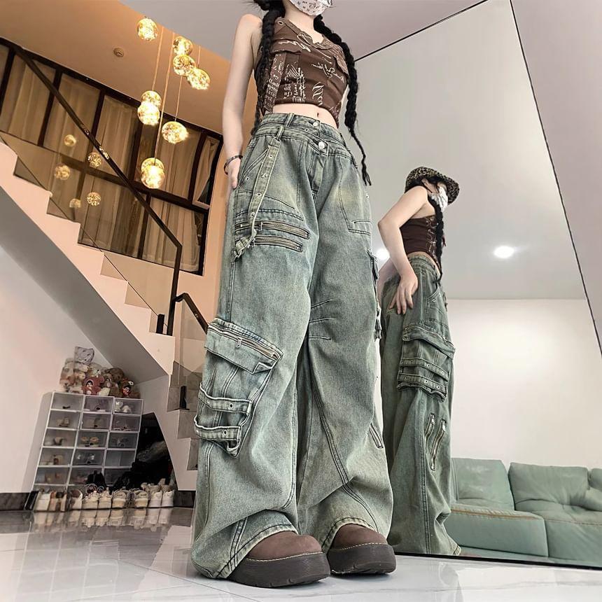 Mid Waist Washed Wide Leg Cargo Jeans Product Image