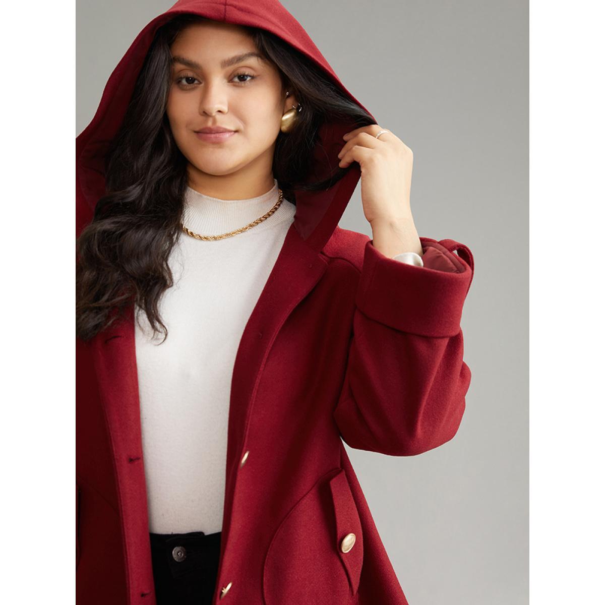 Plus Size Plain Pocket Tab Sleeve Button Detail Woven Coat Women Scarlet Casual Lined Ladies Dailywear Winter Coats BloomChic 12/L Product Image