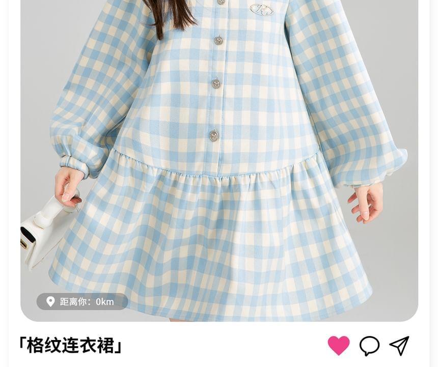 Long Sleeve Lace Collar Plaid Button Mini A-Line Dress Product Image