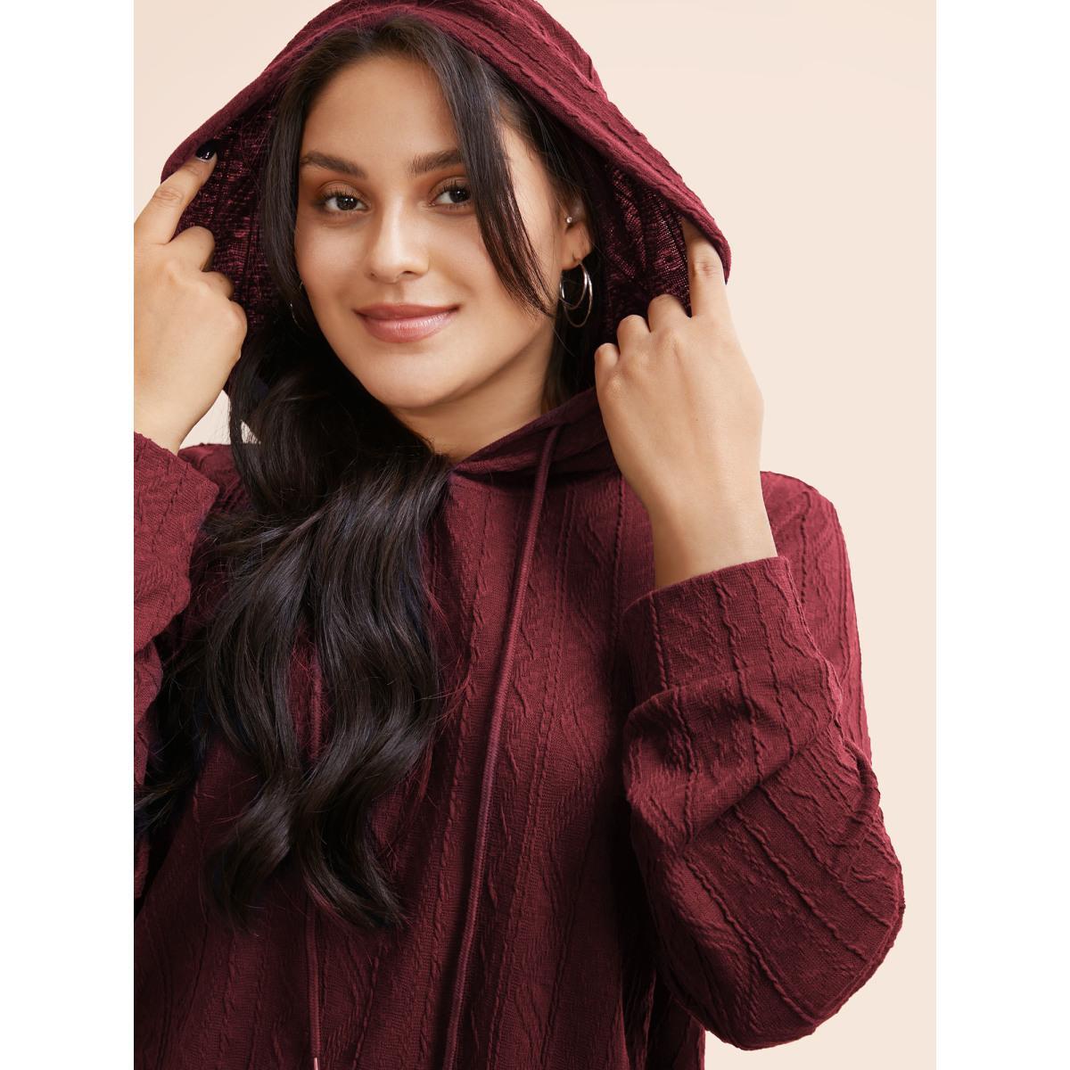 Plus Size Plain Textured Hooded Drawstring Sweatshirt Women Burgundy Casual Elastic cuffs Hooded Everyday Sweatshirts BloomChic 30/6X Product Image