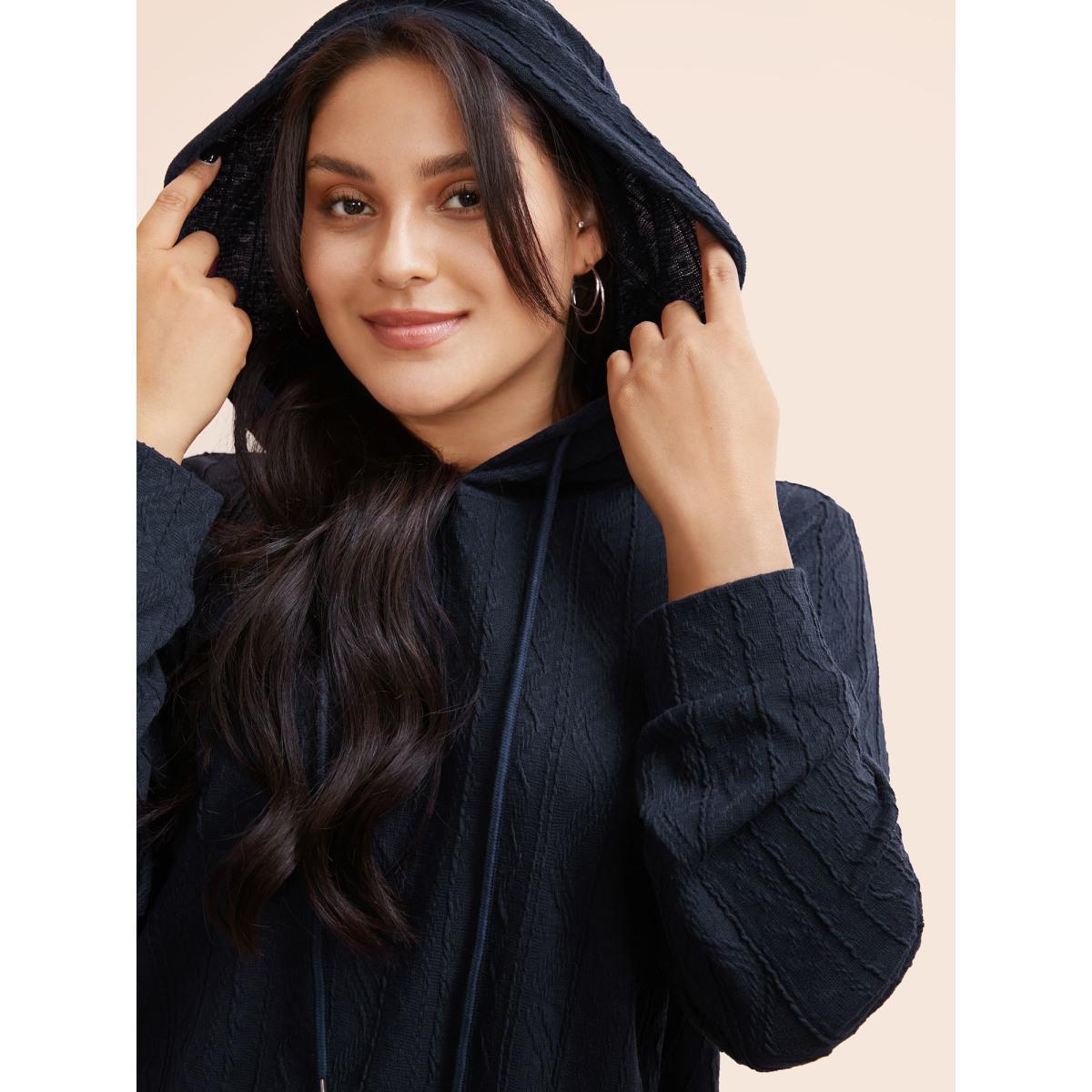 Plus Size Plain Textured Hooded Drawstring Sweatshirt Women Blue Casual Elastic cuffs Hooded Everyday Sweatshirts BloomChic 28/5X Product Image