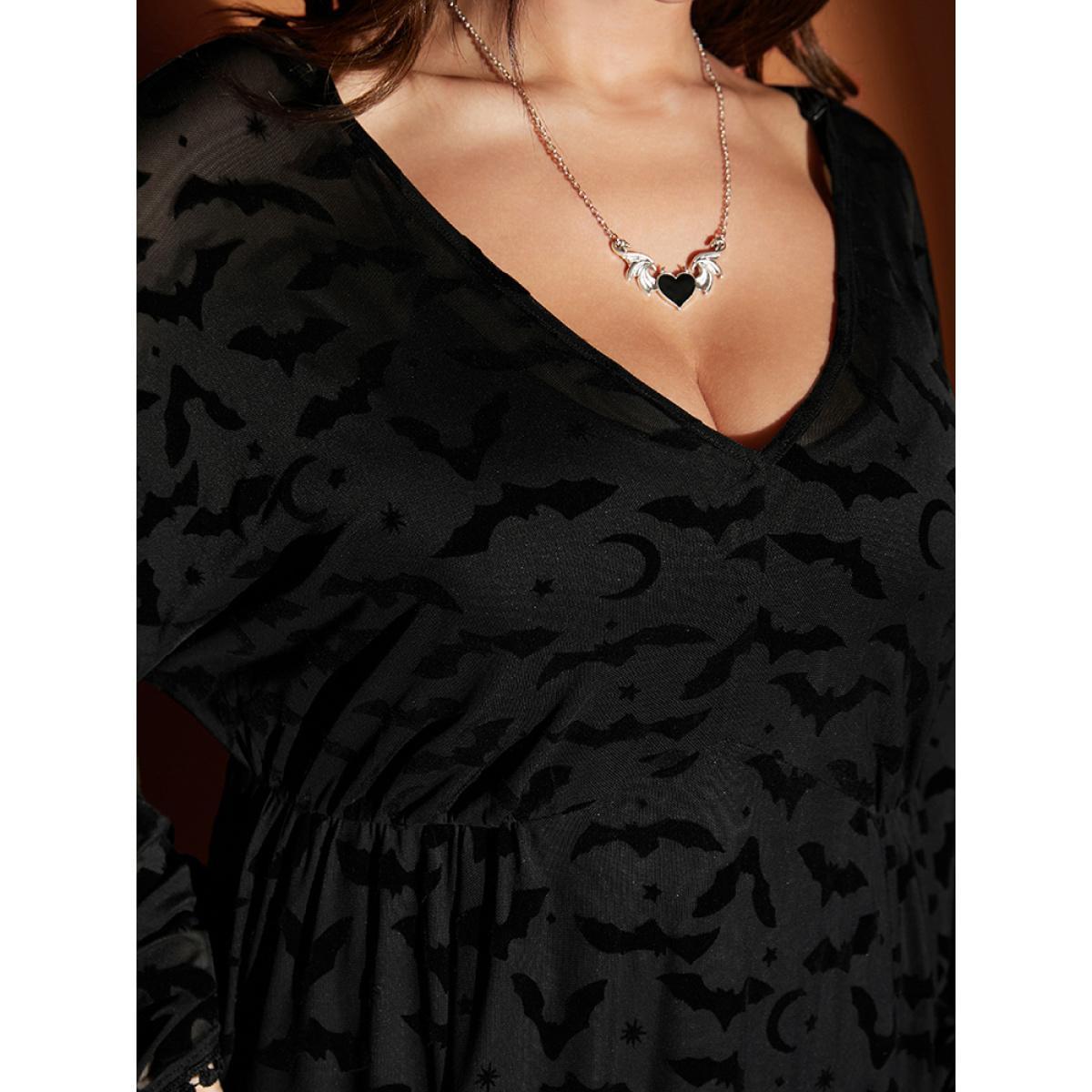 Plus Size Halloween Bat Print Bell Sleeve Deep V Neck Midi Dress Black Women Glamour Deep V-neck Long Sleeve Curvy Midi Dress BloomChic 18-20/2X Product Image