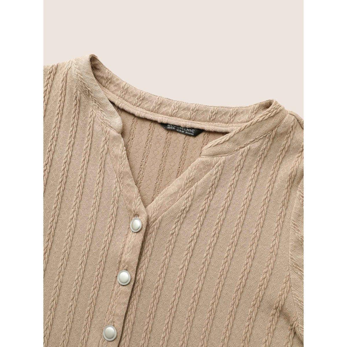 Plus Size Soldi Cable Knit Pocket Button Up T-shirt LightBrown Women Casual Non Plain V-neck Everyday T-shirts BloomChic 10/M Product Image