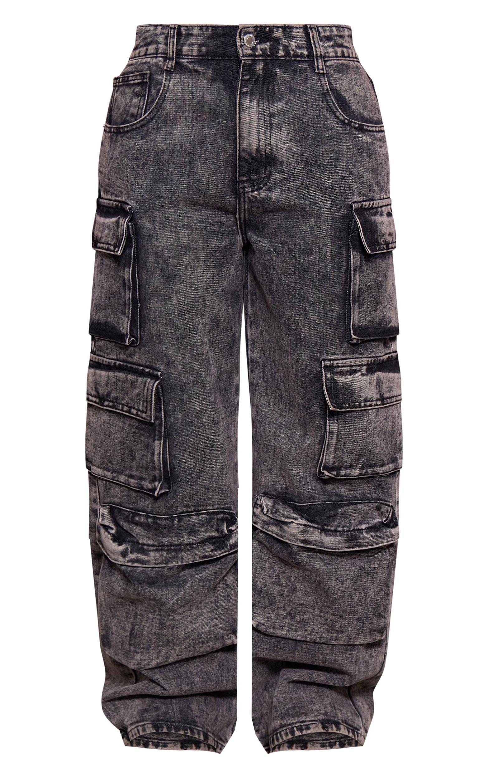 Petite Washed Black Denim Cargo Wide Leg Jeans Product Image