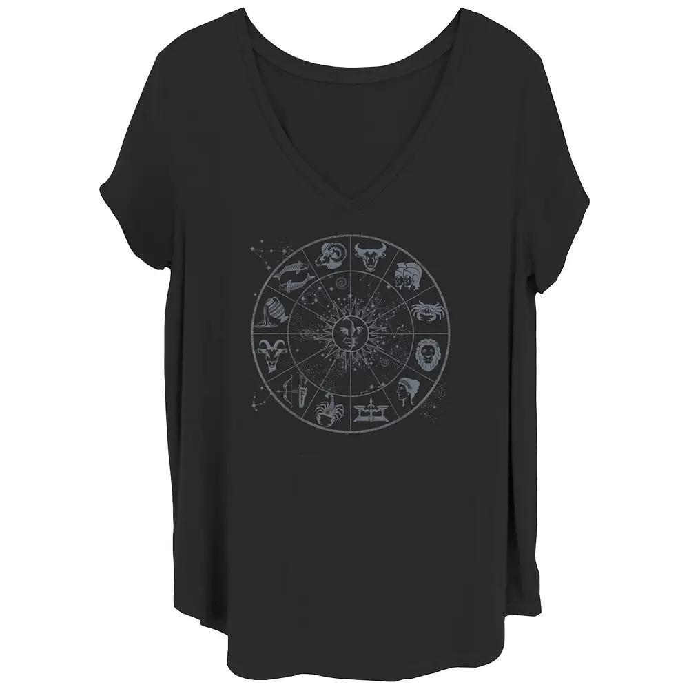 Juniors' Plus Sun And Moon Celestial Zodiac Signs V-Neck Graphic Tee, Women's, Size: 3XL, Black Product Image