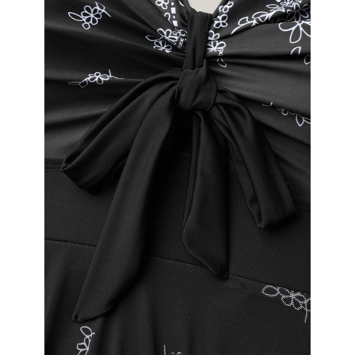 Plus Size Boho Print Ruched Bow Asymmetrical Hem Swim Dress Women's Swimwear Black Beach Bodycon Heart neckline High stretch Curve Swim Dresses BloomChic 26/4X Product Image