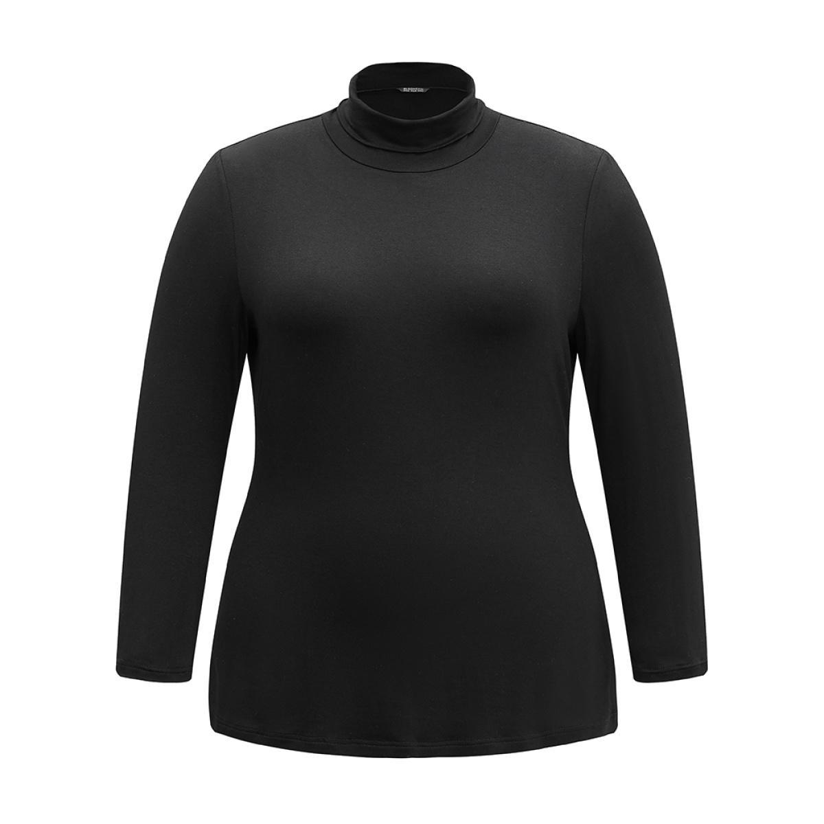Plus Size Supersoft Essentials Solid Funnel Neck Knit T-shirt Black Women Elegant Plain Plain Ruffled collar Bodycon Dailywear T-shirts BloomChic 10/M Product Image