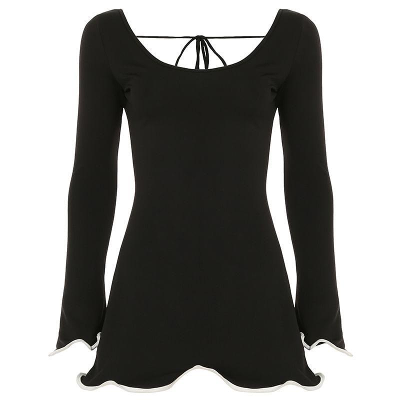 Bell Sleeve Contrast-Trim Open-Back Mini A-Line Dress Product Image