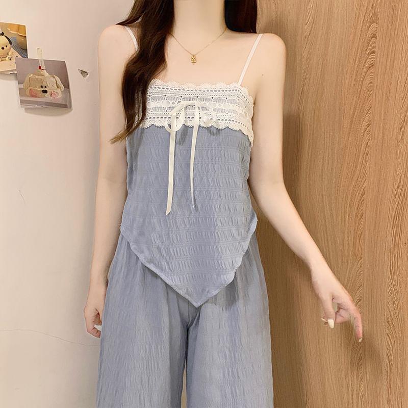 Pajama Set: Long Sleeve V-Neck Plain Button Top + Bow Panel Lace Camisole Top + Straight Leg Pants Product Image