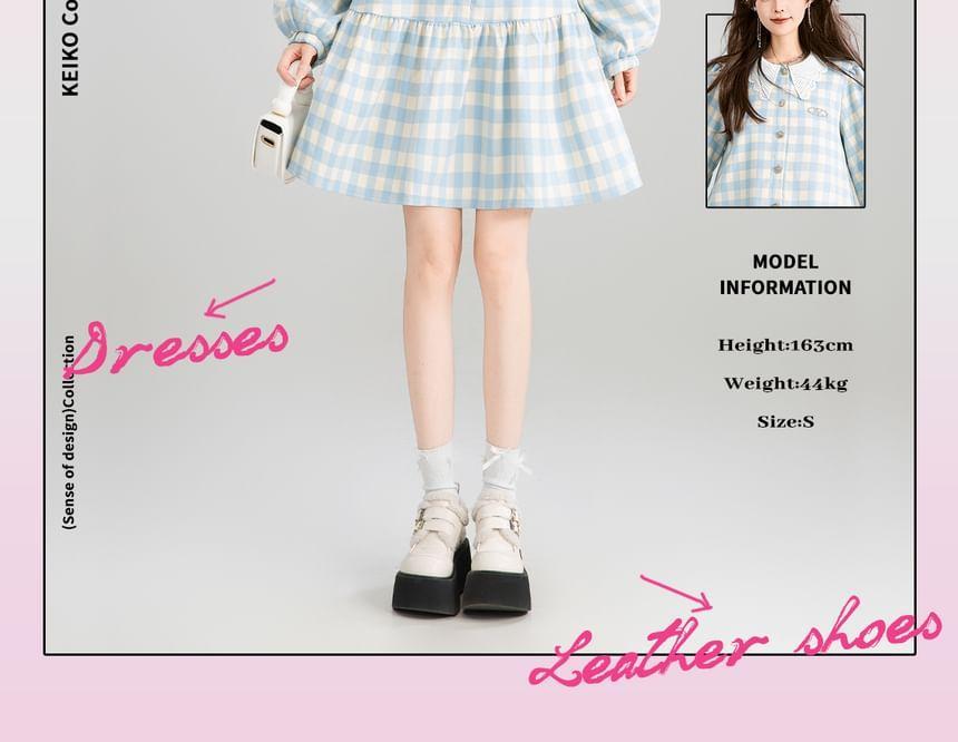 Long Sleeve Lace Collar Plaid Button Mini A-Line Dress Product Image