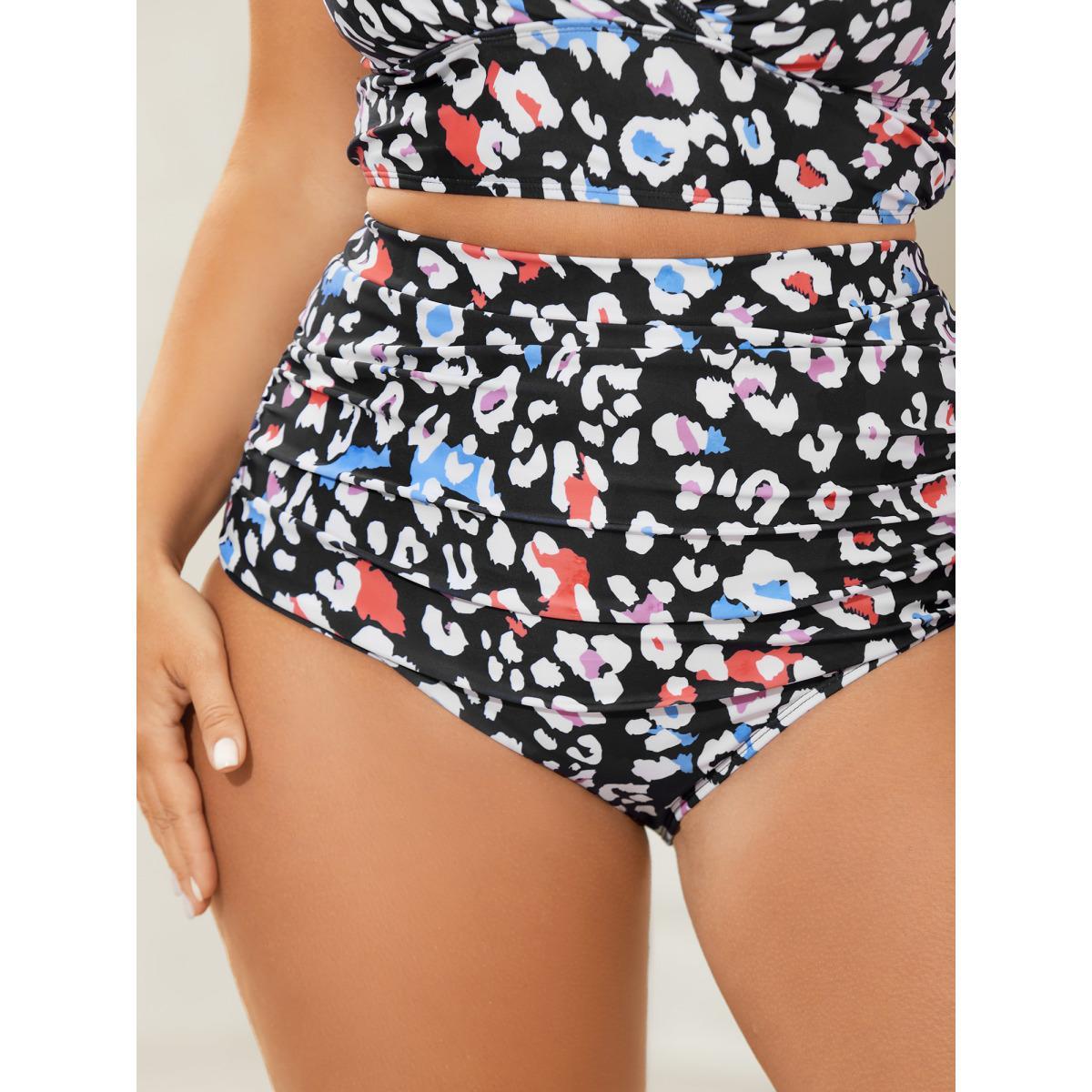 Plus Size Leopard Print Ruched Tight-Fit Swim Bottoms Women's Swimwear BlackFlower Beach High stretch Skinny Mid Rise Curve Swim Bottoms BloomChic 14-16/1X Product Image