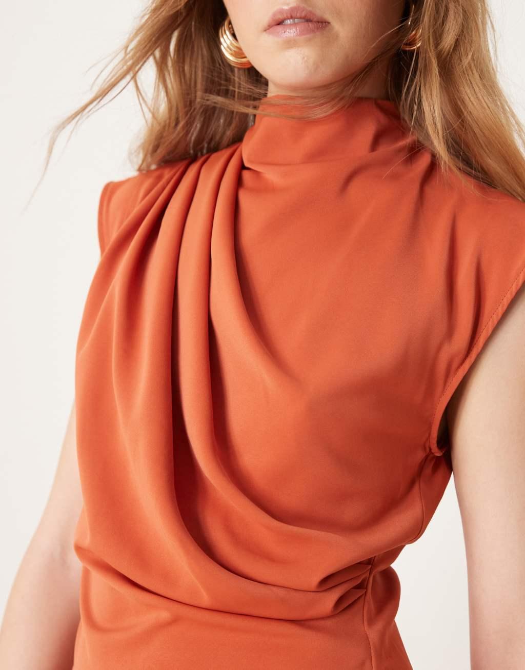 ASOS DESIGN high neck sleeveless midi dress with draped neck in rust Product Image