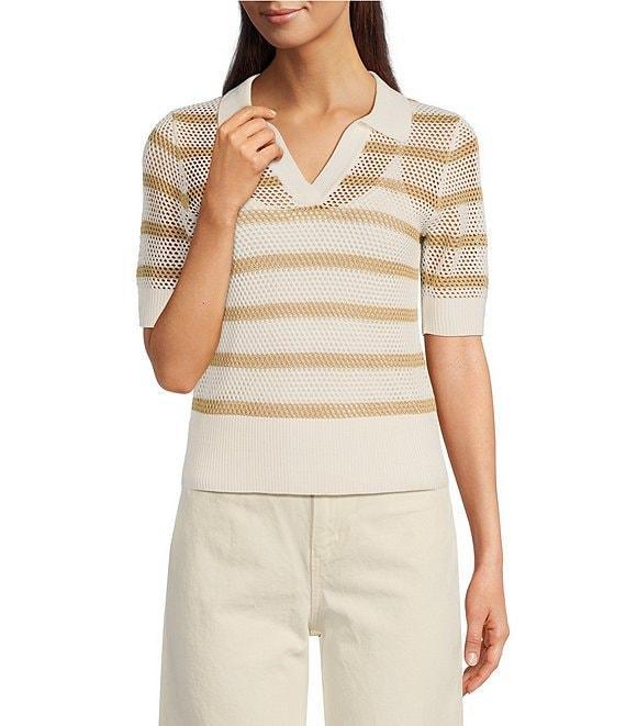 Le' AL.X Stripe Knit Wide Mesh Polo Collar V-Neck Short Rugby Top Product Image