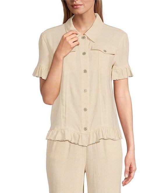 Multiples Textured Slub Woven Point Collar Short Sleeve Ruffle Detail Fitted Button Front Jean Jacket Product Image