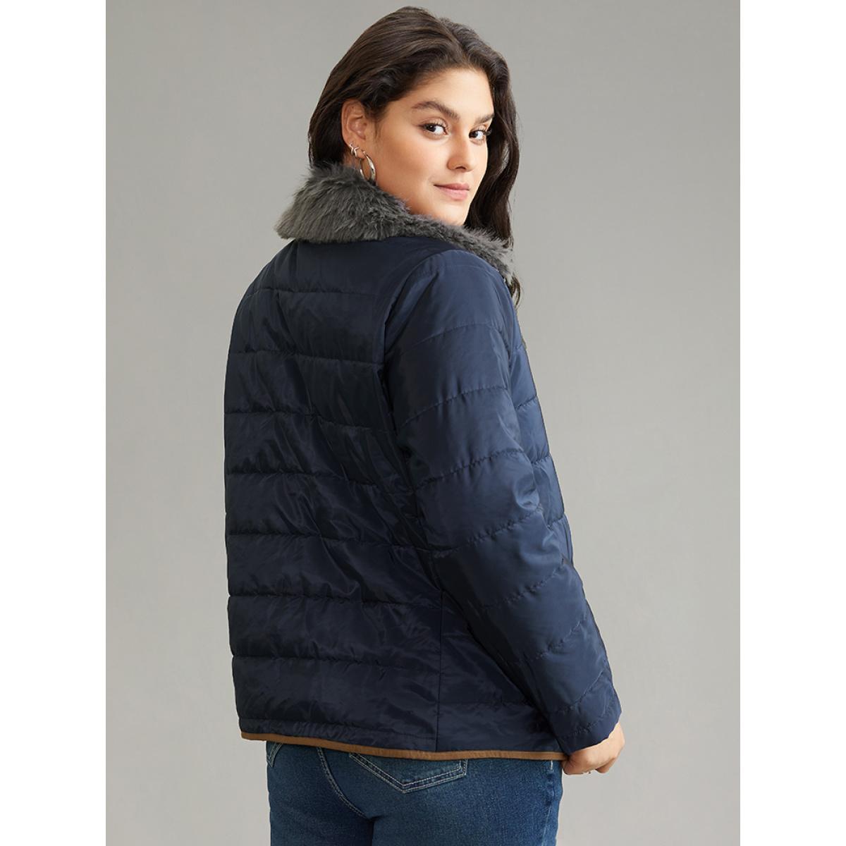 Plus Size Fuzzy Trim Patchwork Zipper Padded Jacket Women Indigo Zipper Pocket Dailywear Jackets BloomChic 28/5X Product Image