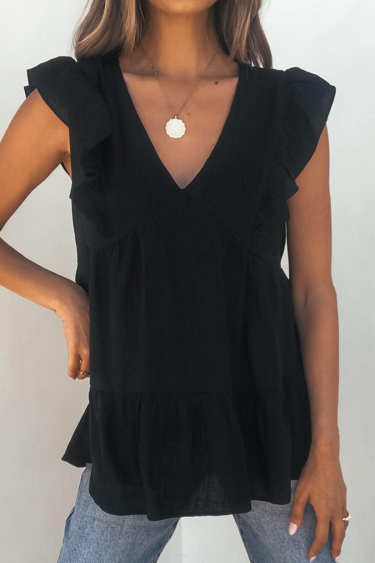Black Ruffle Sleeve Textured Top Female Product Image