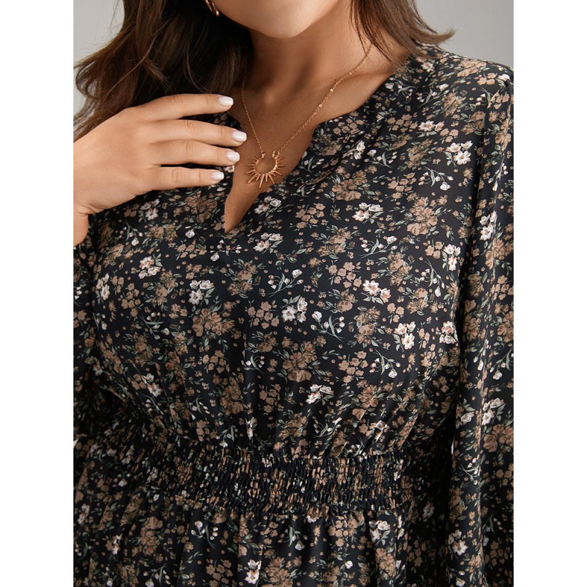 Plus Size Ditsy Floral Notched Flutter Hem Dress Black Women Elegant Elastic cuffs Notched collar Long Sleeve Curvy Midi Dress BloomChic 12/L Product Image