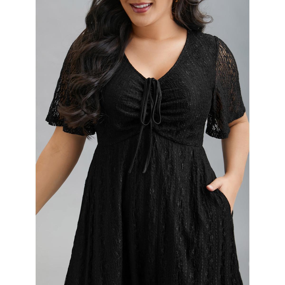 Plus Size Lace V-Neck Bow Drawstring Midi Dress Black Women Casual Tie knot Knit Dresses Bloomchic 30/6X Product Image